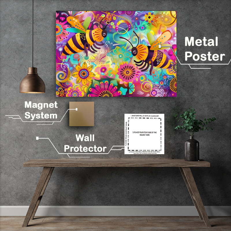 Buy Metal Poster : (Cartoon style happy bees)