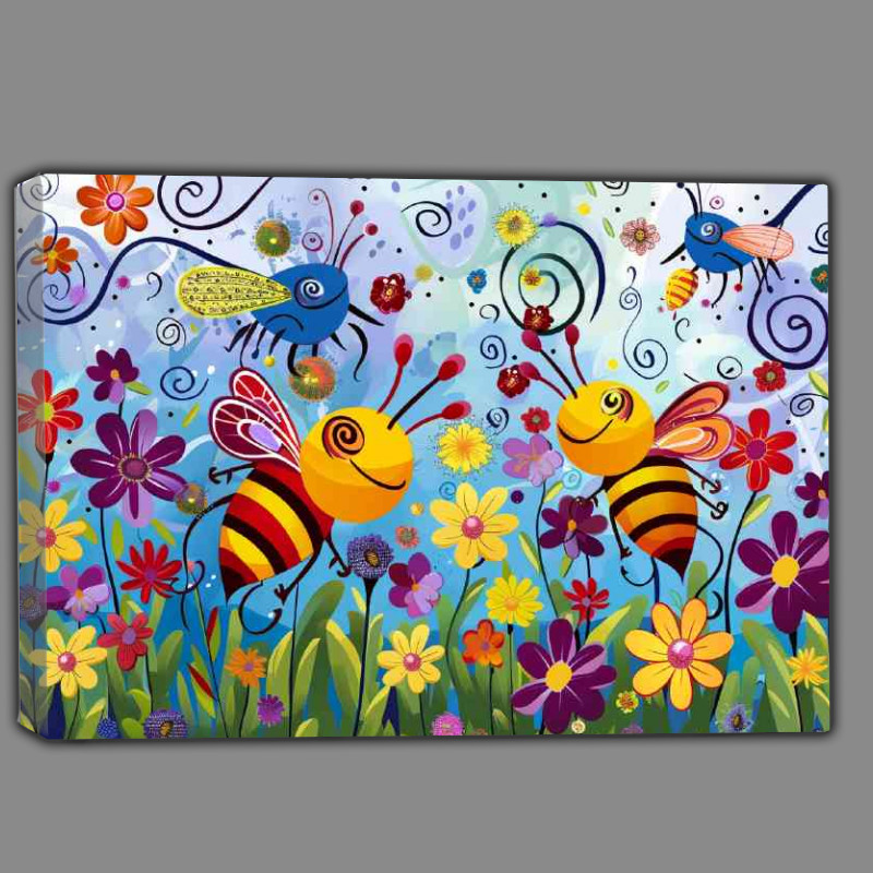Buy Canvas : (Colourful cartoon happy bees in flowers)