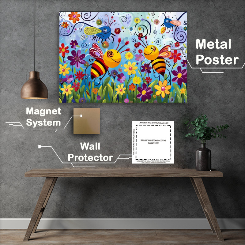 Buy Metal Poster : (Colourful cartoon happy bees in flowers)