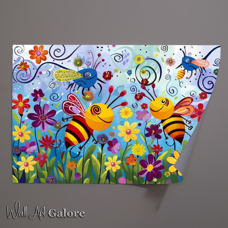 Buy Unframed Poster : (Colourful cartoon happy bees in flowers)