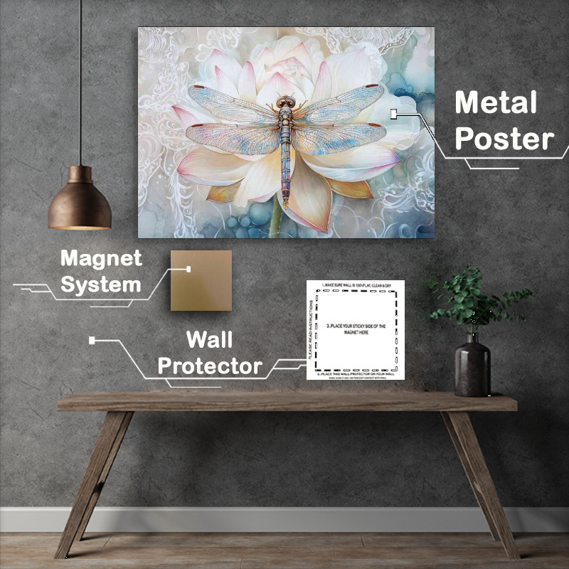 Buy Metal Poster : (Colourful dragonfly pearched on a flower)