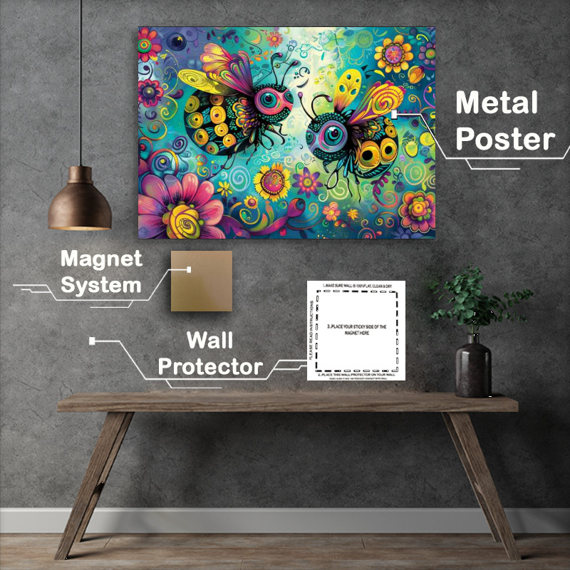 Buy Metal Poster : (Colourful whimsical happy bees)