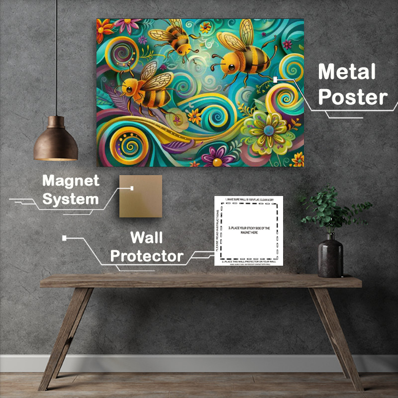 Buy Metal Poster : (Colourfull happy bees whimsical)
