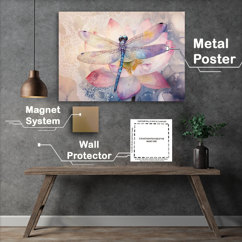 Buy Metal Poster : (Delicate dragonfly on a water lilly)
