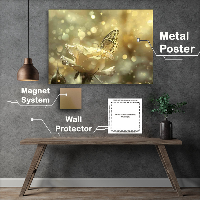 Buy Metal Poster : (Golden rose with water droplets a butterfly sitting)