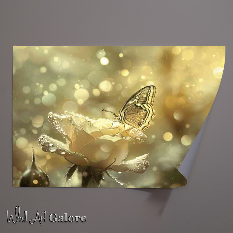 Buy Unframed Poster : (Golden rose with water droplets a butterfly sitting)