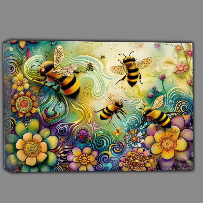 Buy Canvas : (Vibrant cartoon happy bees and flowers)