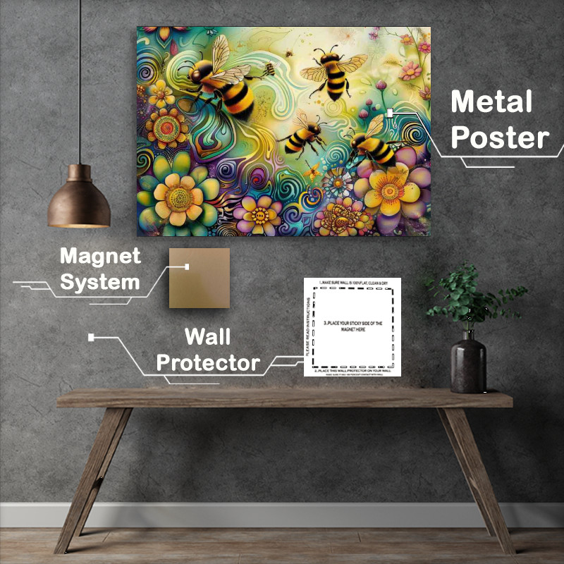 Buy Metal Poster : (Vibrant cartoon happy bees and flowers)