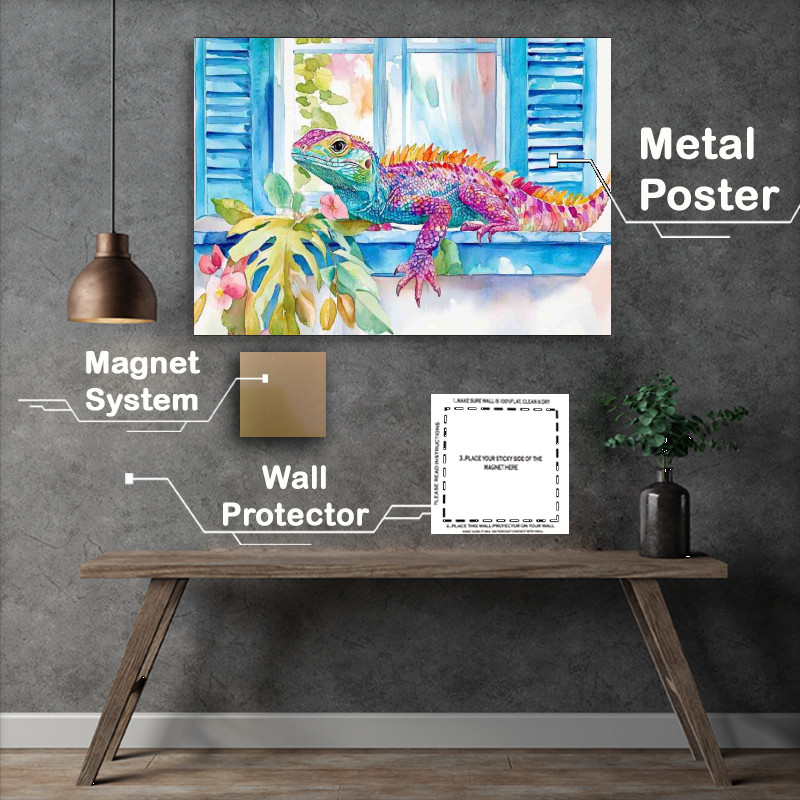 Buy Metal Poster : (Watercolour colourful lizzard basking)
