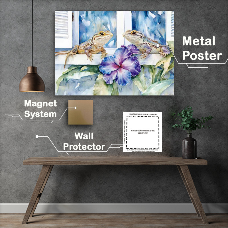 Buy Metal Poster : (Watercolour lizzards with flowers)