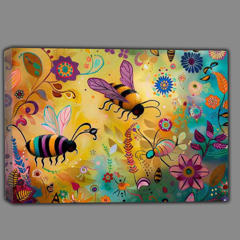 Buy Canvas : (Whimsical happy bees flying around flowers)