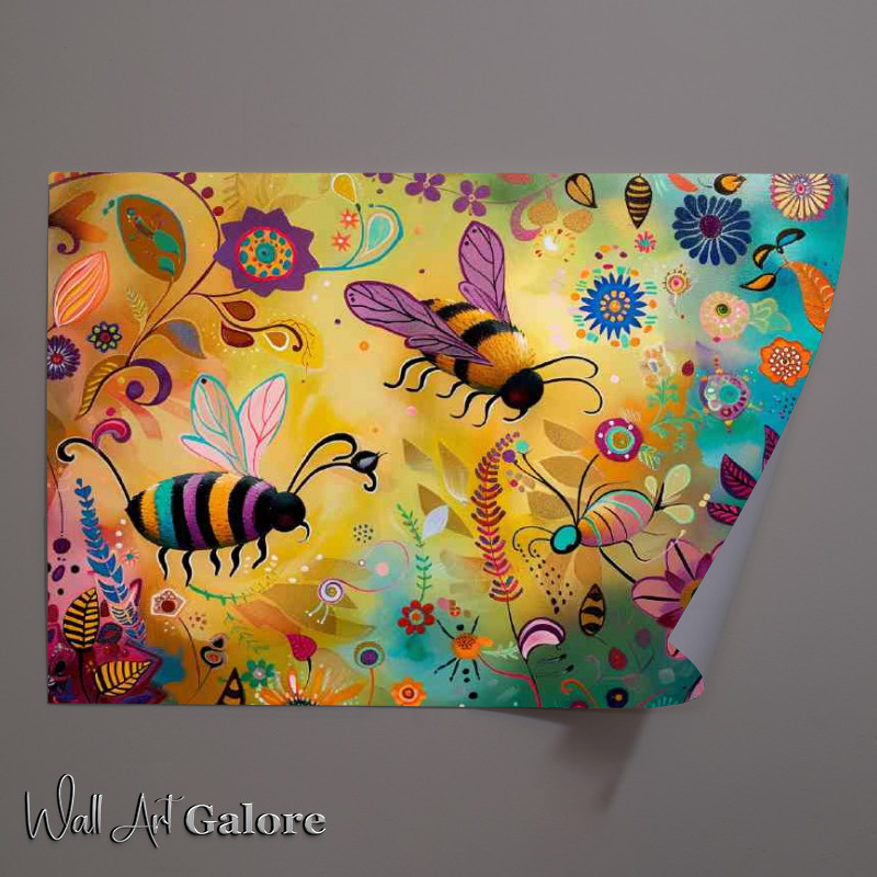 Buy Unframed Poster : (Whimsical happy bees flying around flowers)