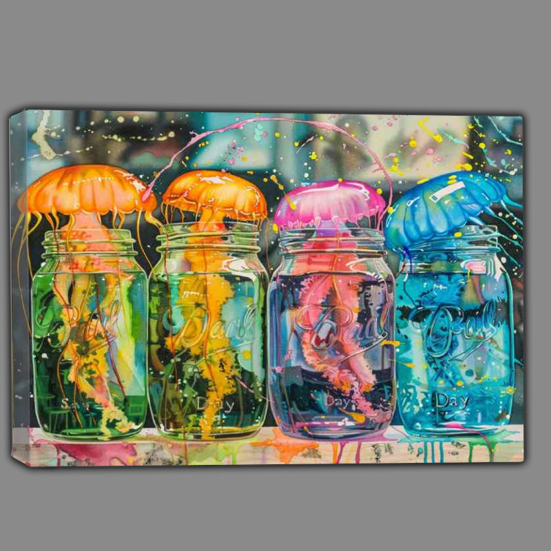 Buy Canvas : (Colorful jellyfish floating in mason jars with splash)