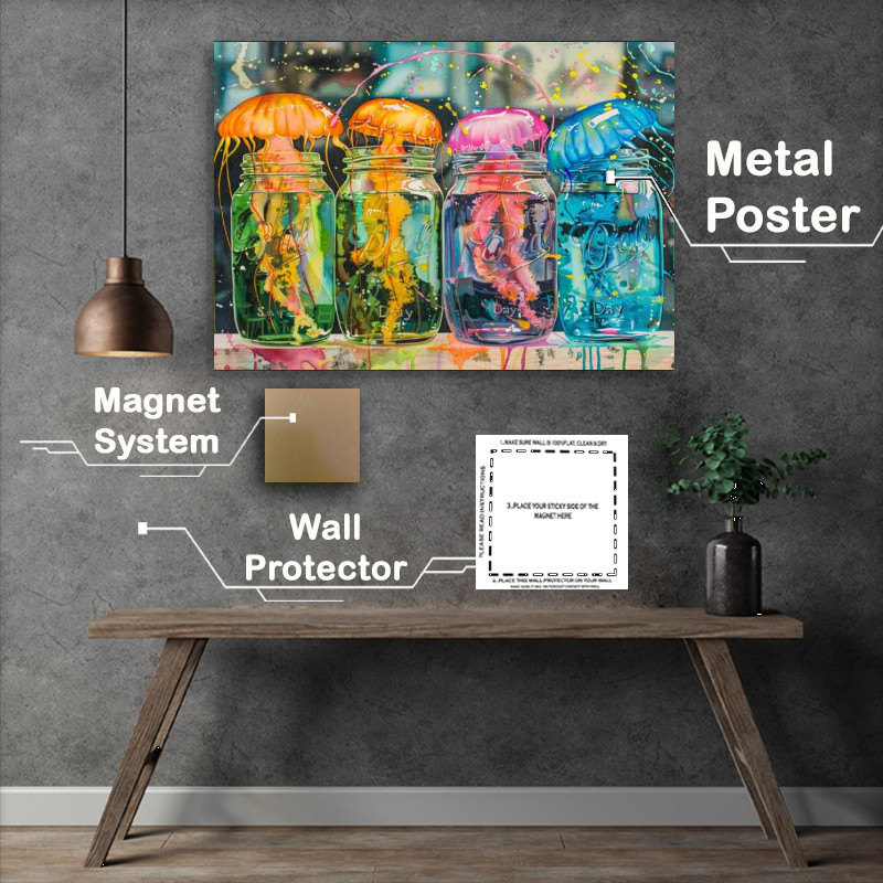 Buy Metal Poster : (Colorful jellyfish floating in mason jars with splash)