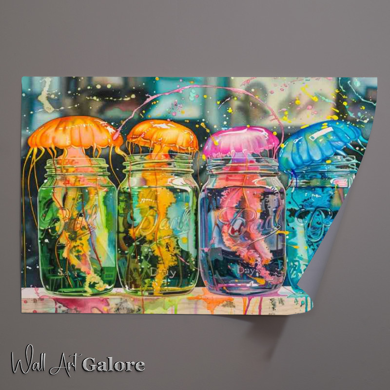Buy Unframed Poster : (Colorful jellyfish floating in mason jars with splash)