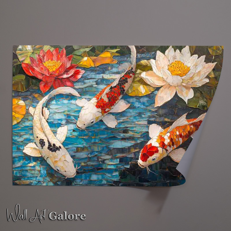 Buy Unframed Poster : (Koi fish and the lotus flowers in water)