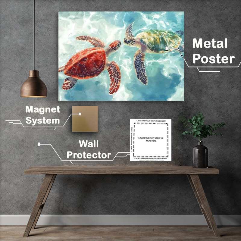 Buy Metal Poster : (Two sea turtles swimming in ocean)