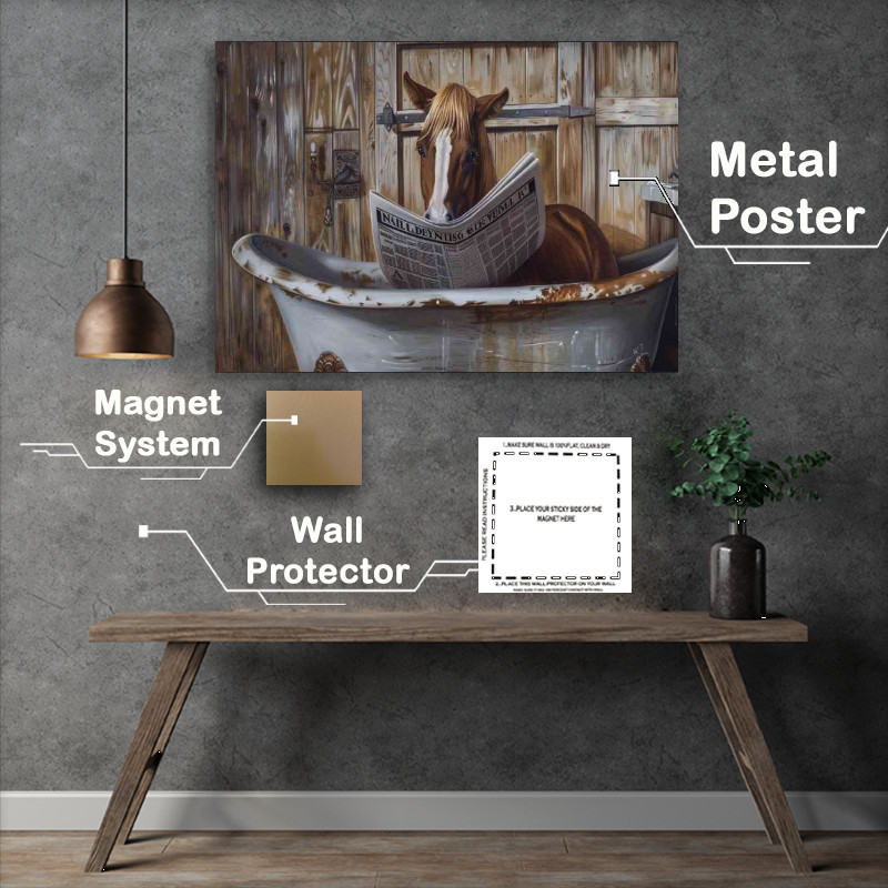 Buy Metal Poster : (Brown horse in the bath tub reading paper)