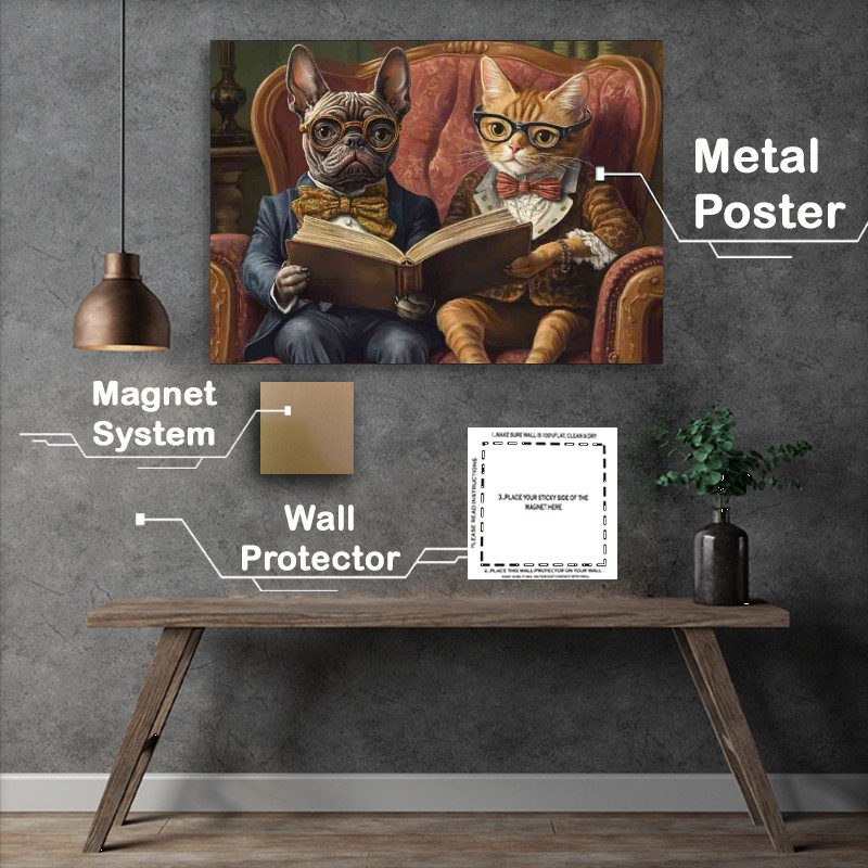 Buy Metal Poster : (Cat and dog reading together)