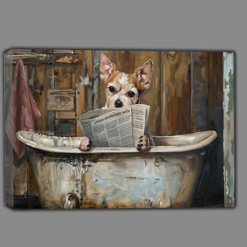 Buy Canvas : (Little dog in the bathtub reading news surreal)