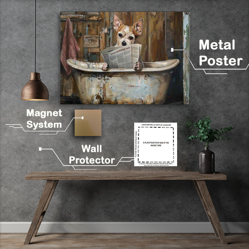 Buy Metal Poster : (Little dog in the bathtub reading news surreal)