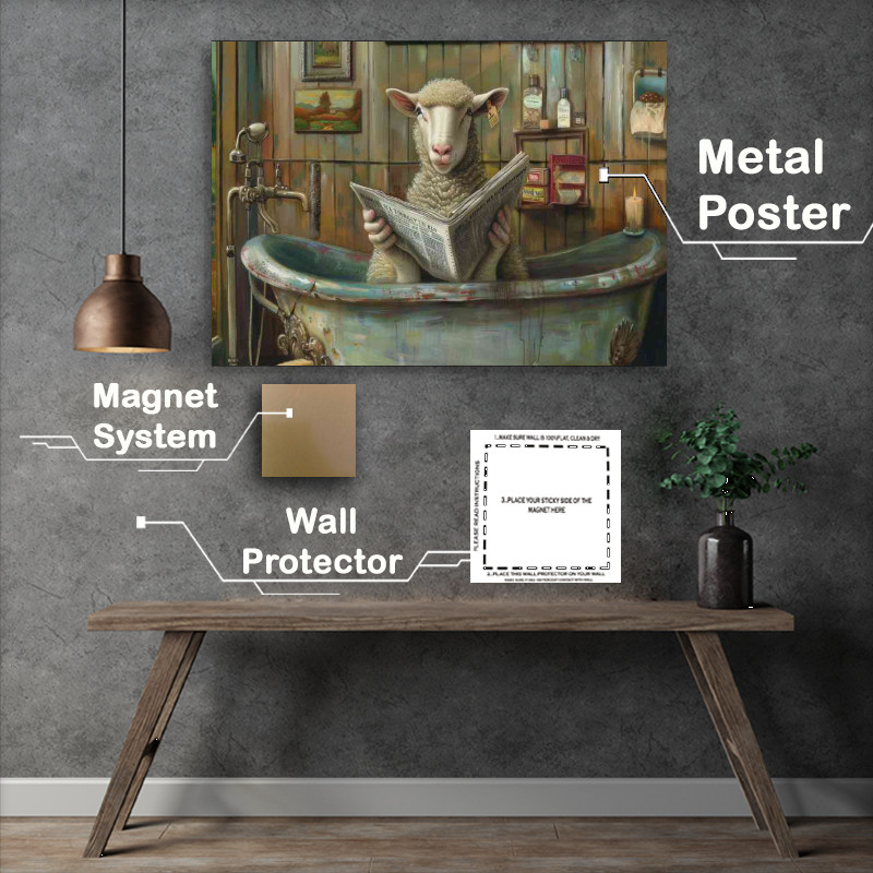 Buy Metal Poster : (White sheep reading a newspaper surreal)