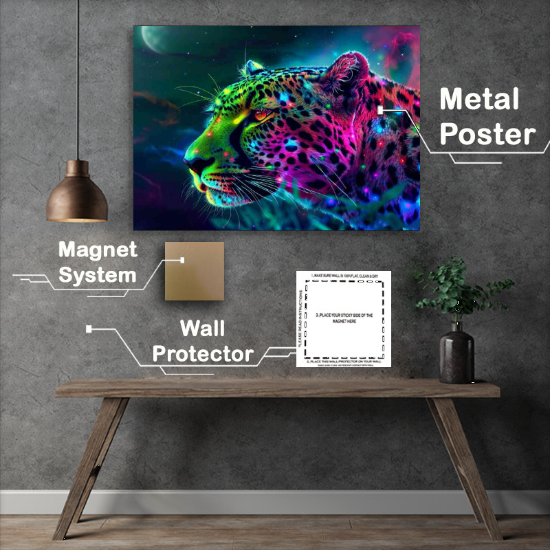 Buy Metal Poster : (Colourful leopard at night glowing)