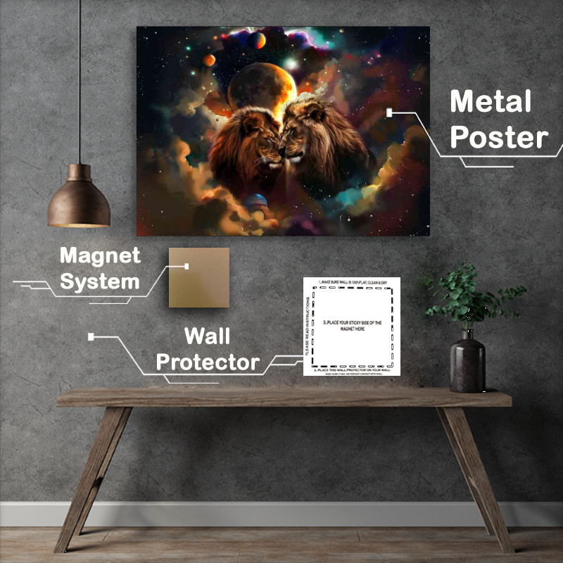 Buy Metal Poster : (Lions in love with planets around them)