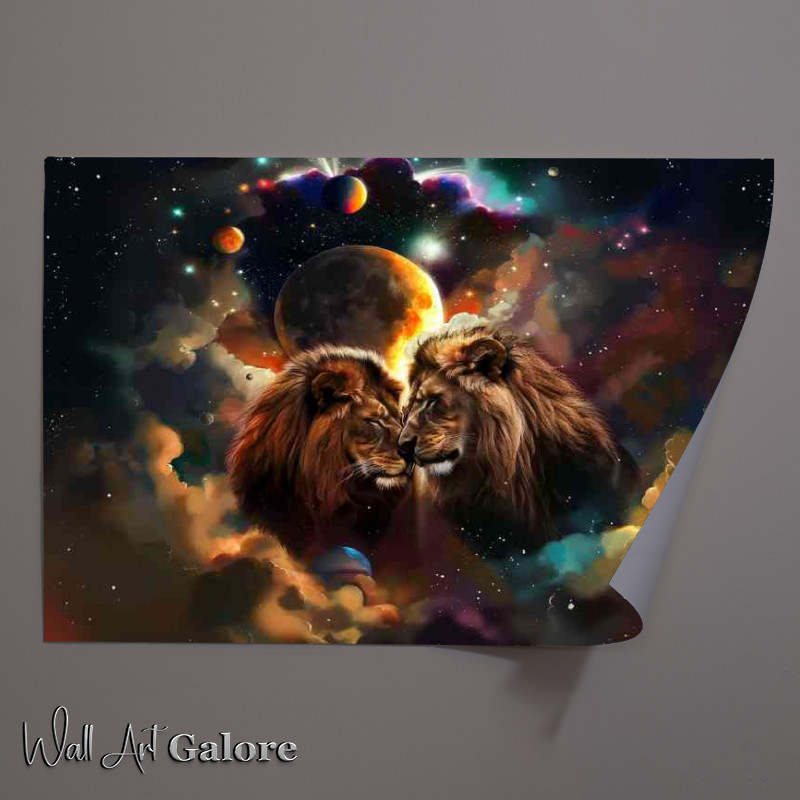 Buy Unframed Poster : (Lions in love with planets around them)