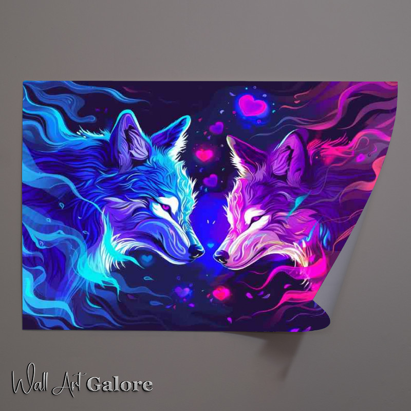 Buy Unframed Poster : (Neon wolfs facing with waves flowing)