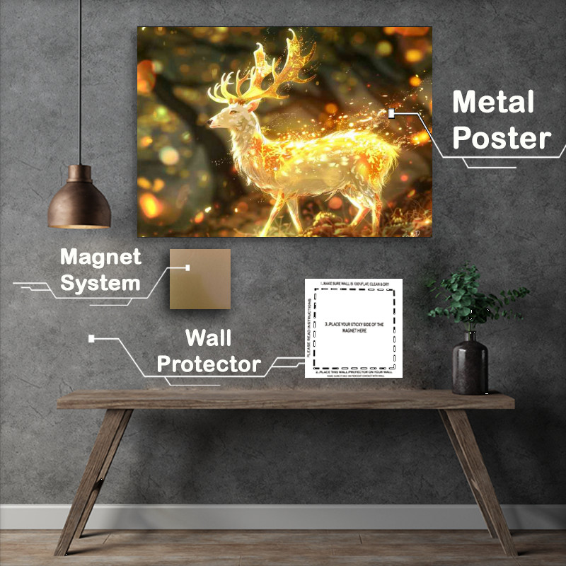 Buy Metal Poster : (White deer with glowing anterlers in woodland)