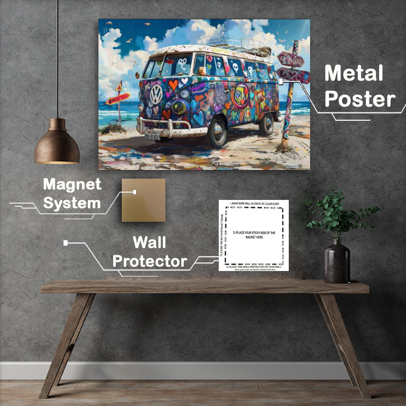 Buy Metal Poster : (Classic hippie van covered in colorful graffiti)