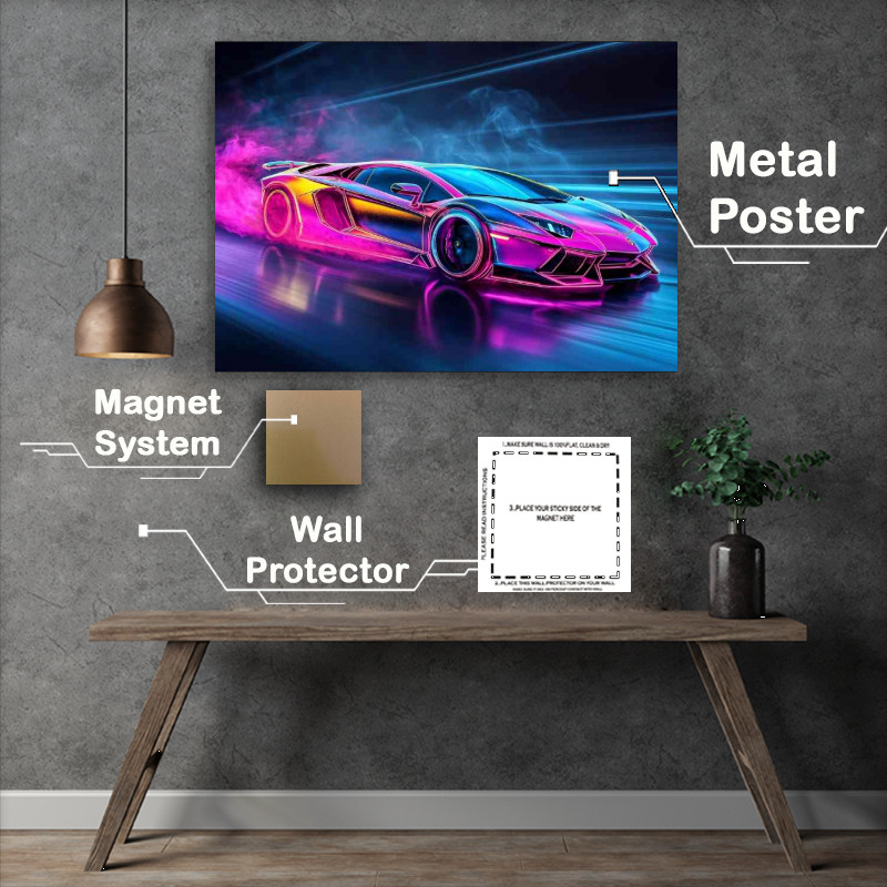 Buy Metal Poster : (Lamborghini Aventador in neon colors with smoke)