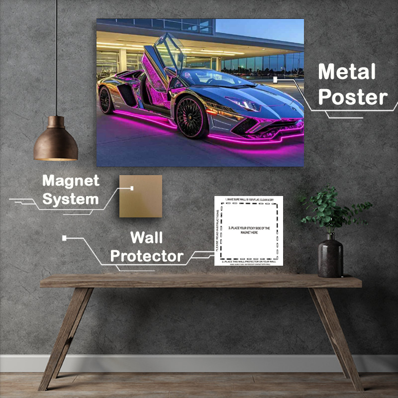 Buy Metal Poster : (Lamborghini Aventador with neon lights)