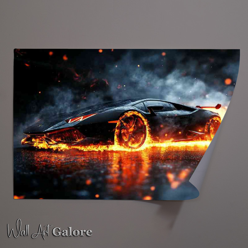 Buy Unframed Poster : (Lamborghini with smoke and fire in black)