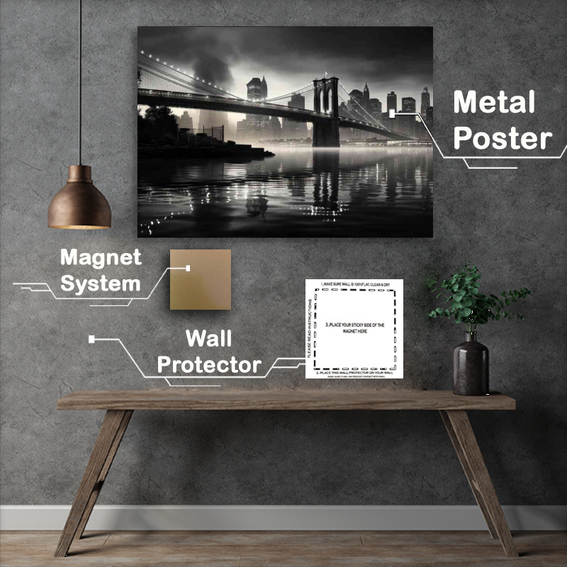 Buy Metal Poster : (Black and white photo of the brooklyn bridge city)