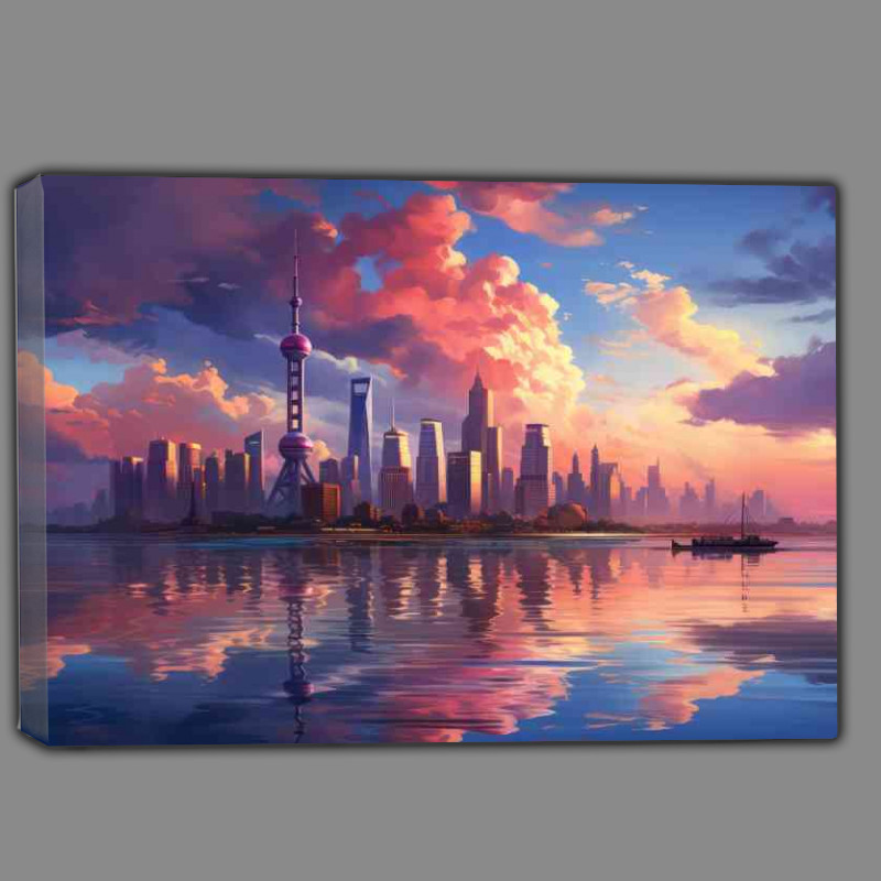 Buy Canvas : (Shanghai skyline at sunset with clouds from the embankment)
