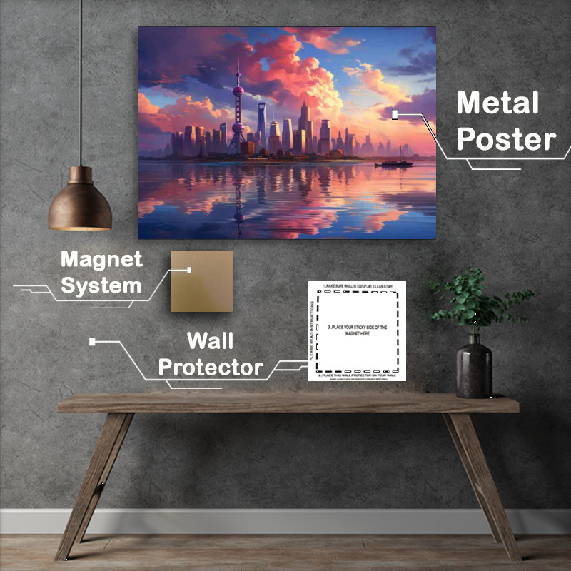 Buy Metal Poster : (Shanghai skyline at sunset with clouds from the embankment)