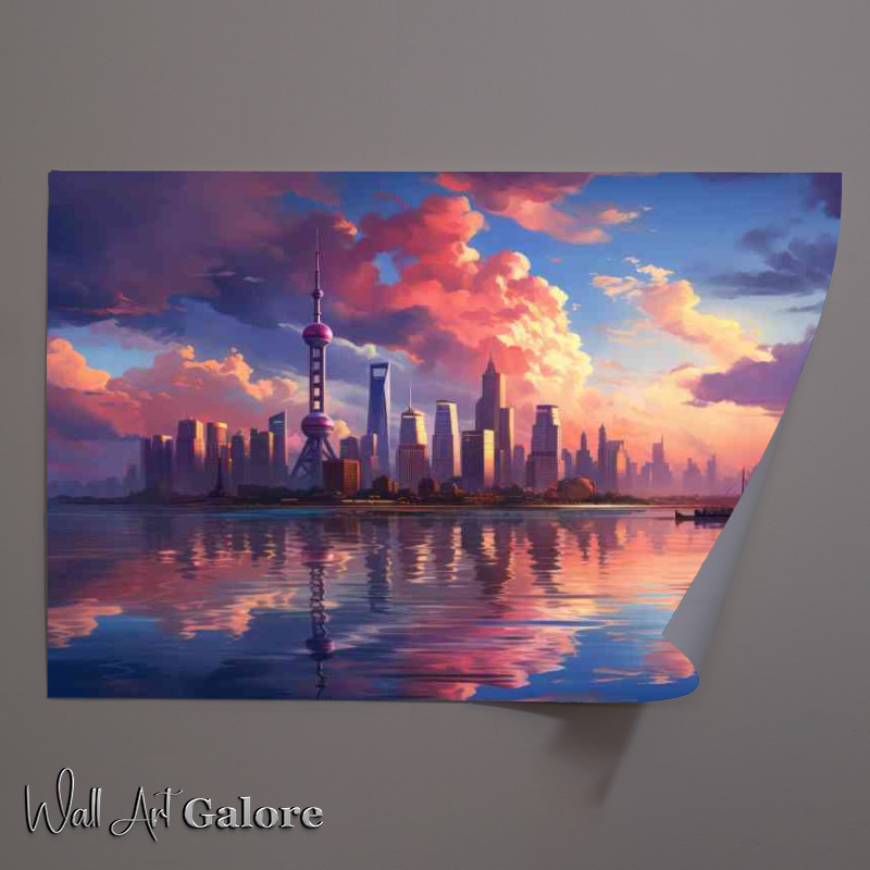 Buy Unframed Poster : (Shanghai skyline at sunset with clouds from the embankment)