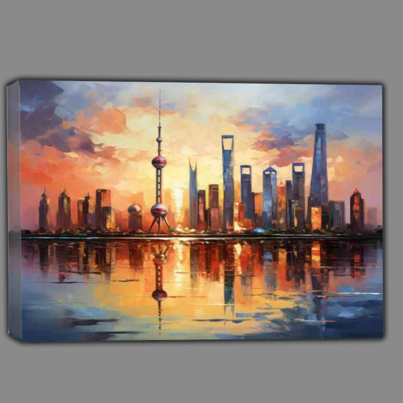 Buy Canvas : (Sun rising over the shanghai reflection skyline)