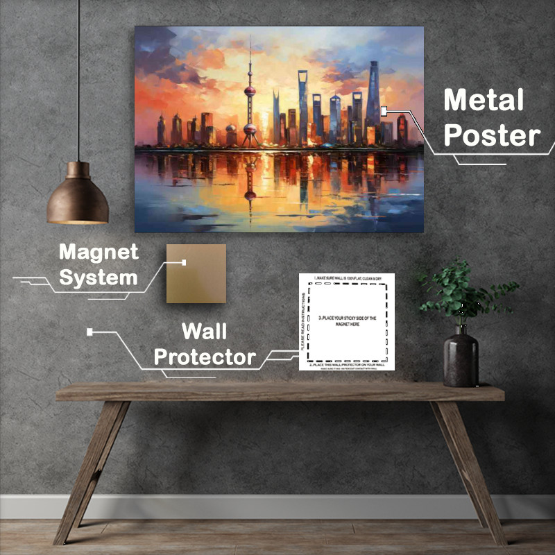 Buy Metal Poster : (Sun rising over the shanghai reflection skyline)