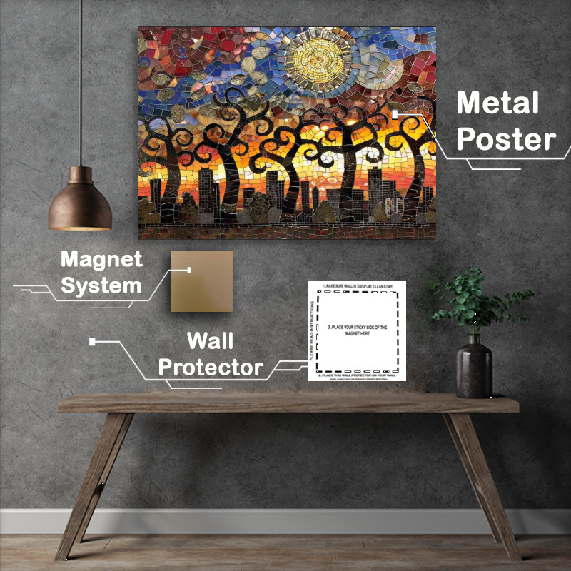 Buy Metal Poster : (City skyline at sunset with swirling sun)
