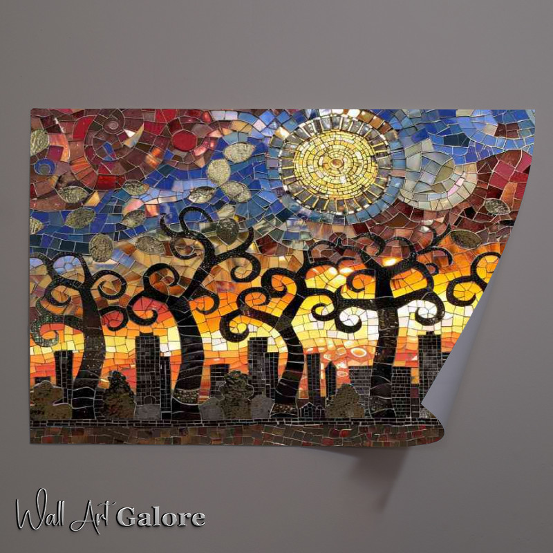 Buy Unframed Poster : (City skyline at sunset with swirling sun)