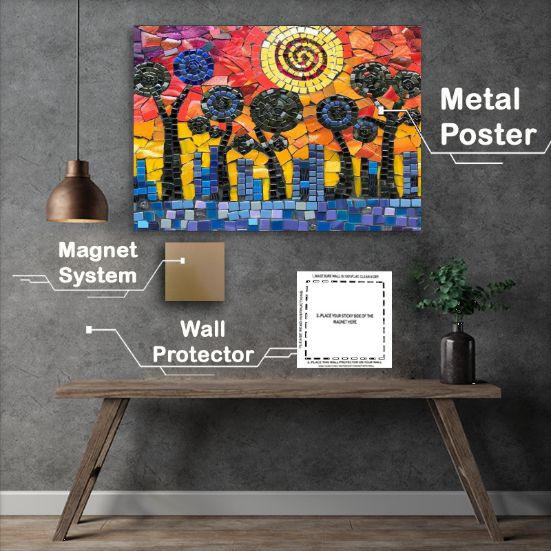 Buy Metal Poster : (Stained glass village and sun)