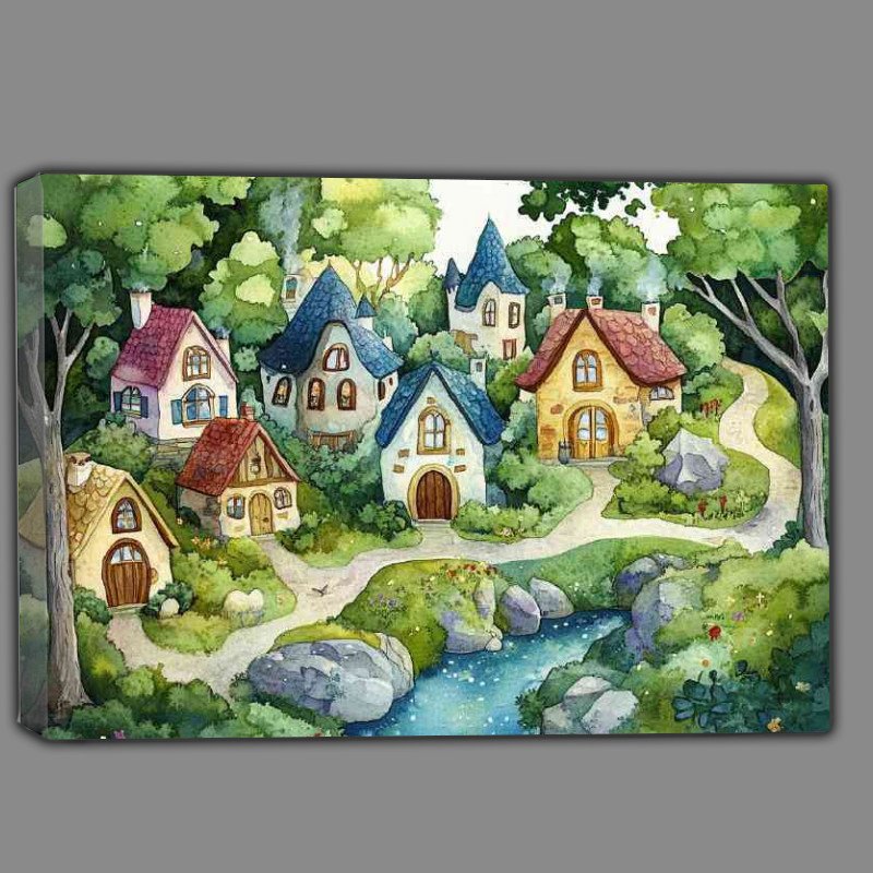 Buy Canvas : (Whimsical fairy tale village houses watercolour style)
