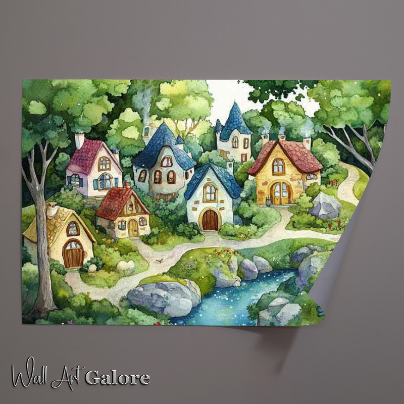 Buy Unframed Poster : (Whimsical fairy tale village houses watercolour style)