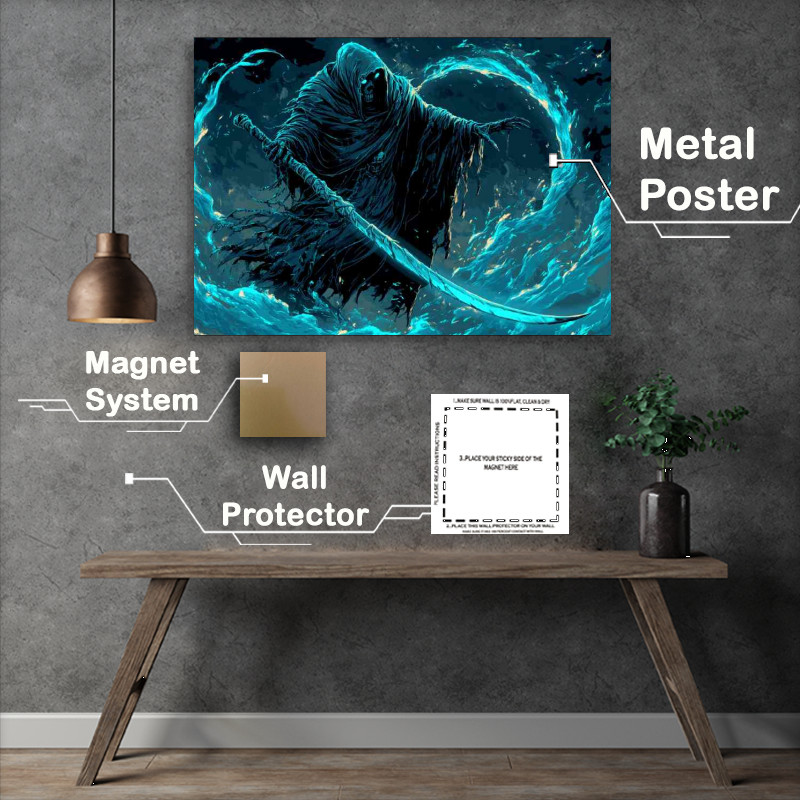 Buy Metal Poster : (Grim reaper with scythe glowing blue and black)