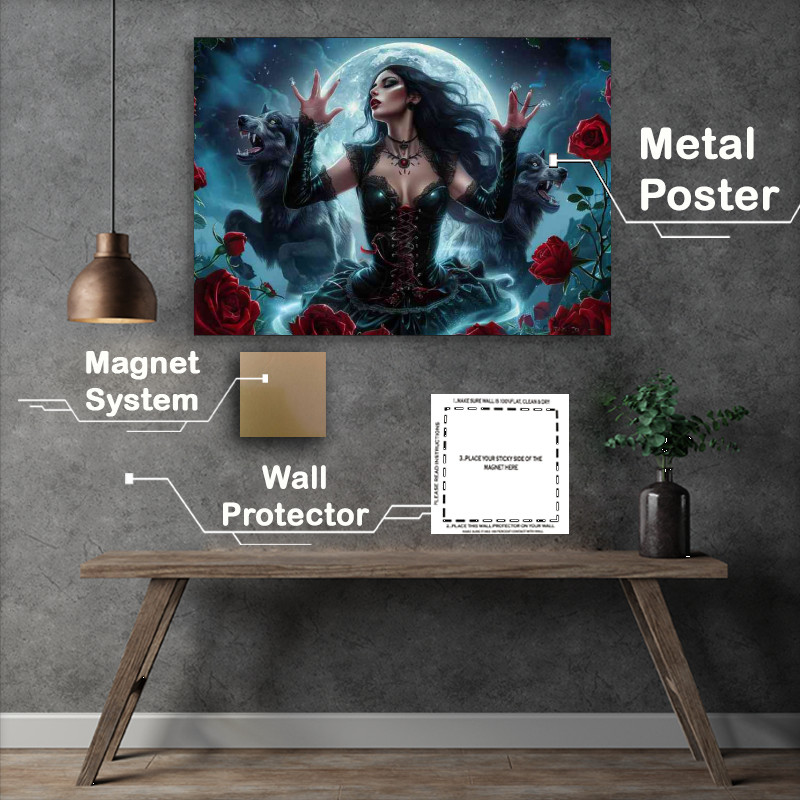 Buy Metal Poster : (Lady moonlight at night with wolf)