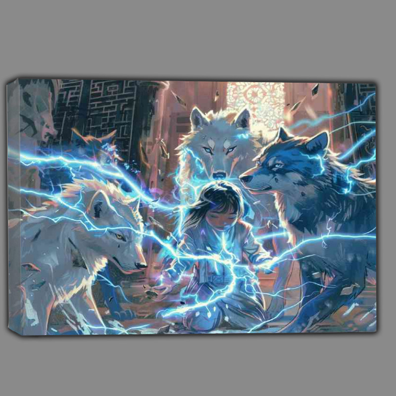 Buy Canvas : (Young girl surrounded by white protecting wolves)