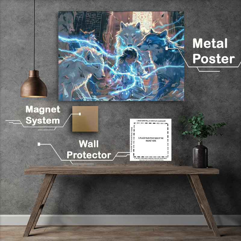 Buy Metal Poster : (Young girl surrounded by white protecting wolves)